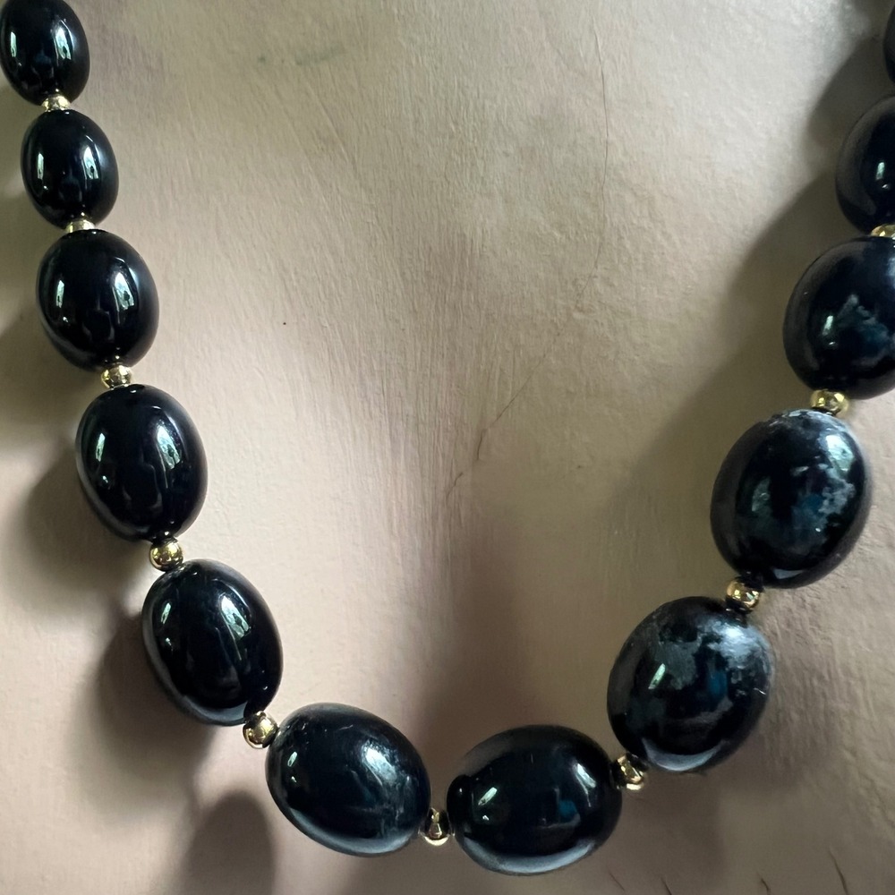 Vintage Monet Black Bead Necklace Gold Spacers 1980s Mod Oval‎ Lucite Runway